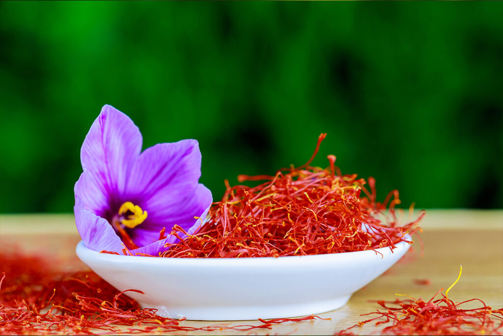 Safranblüte (Crocus sativus) und Safranfäden in einer Schale auf einem Tisch.