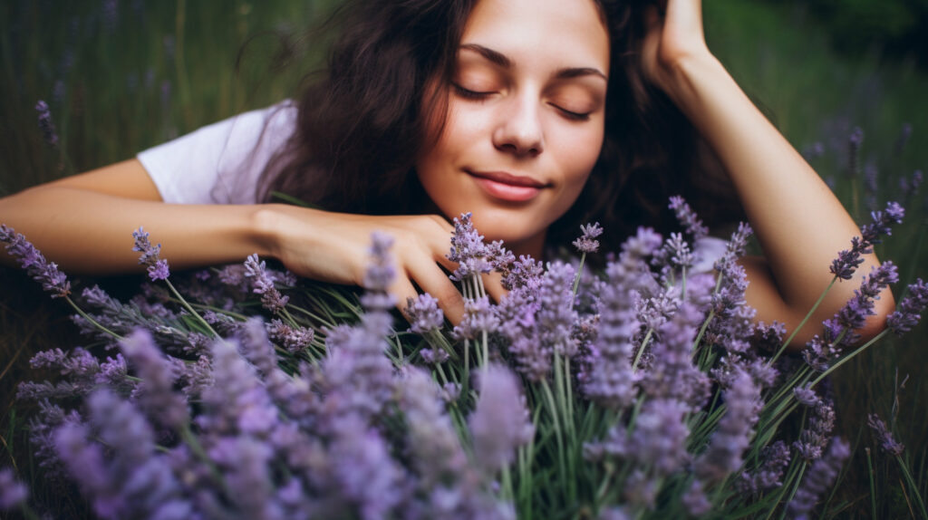 Eine Frau liegt verträumt im Gras und schnuppert entzückt an Lavendel. (Symbolbild für die Wirkung des ätherischen Lavendelöl auf die Psyche).
