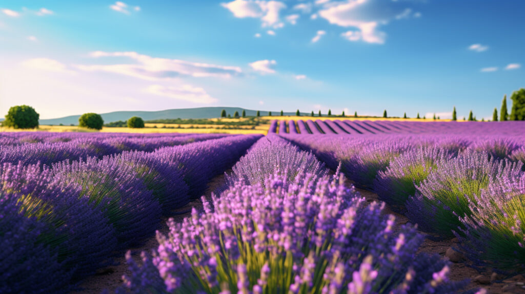 Lavendel (lavendula angustifolia syn. Lavendula vera) Pflanzen. Ein schönes Lavendelfeld in der Provence, während dem späteren Nachmittag.