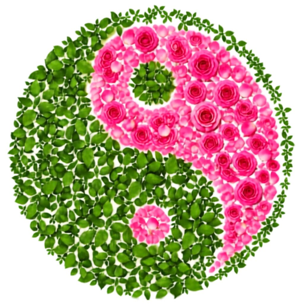 Ein Yin-Yang-Symbol geformt aus grünen Blättern und pinken Rosenblüten – Sinnbild für emotionale Balance durch Aromapflege von DUFTGENUSS.