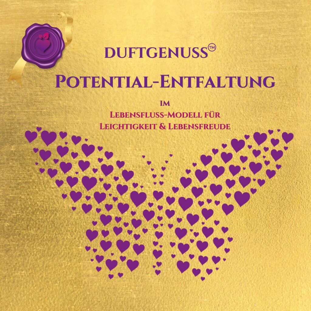 Goldener Hintergrund mit einem Schmetterling aus lila Herzen und Schriftzug DUFTGENUSS POTENTIAL-ENTFALTUNG gegen Stress, Angst und Blockaden
